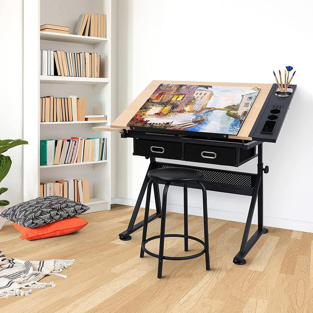 Drafting Table Drawing Desk Art&Craft Work Station Height Adjustable Tilting Tabletop Craft Table Desk w/Stool and 2
