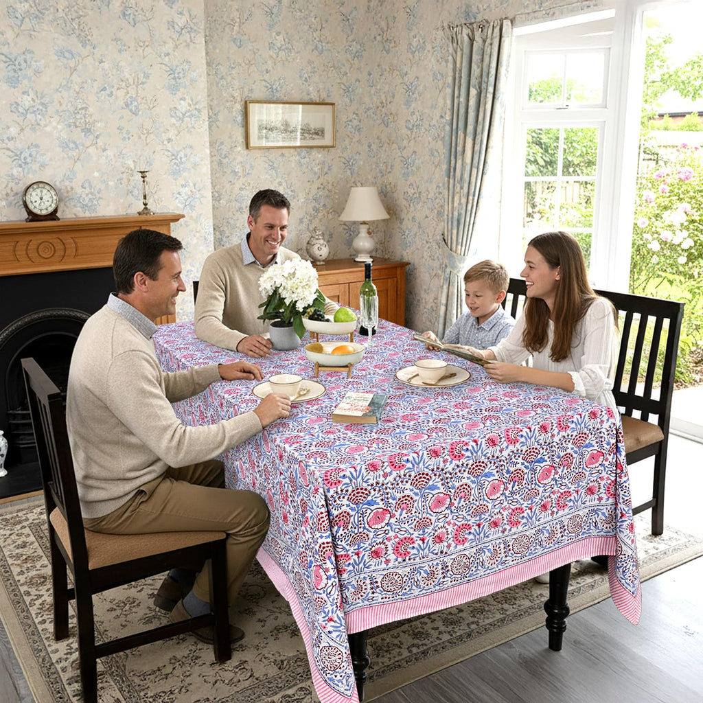 Blue & Pink Hand Block Print Square Tablecloth 60x60 Inch