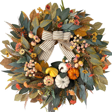24 Inch Fall Wreath for Front Door,Pumpkin Wreath Farmhouse Decor