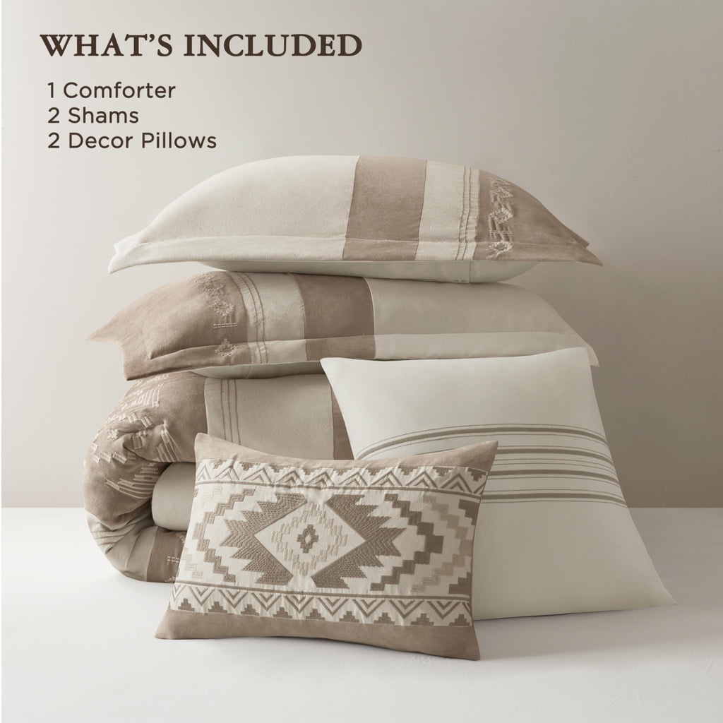Queen Comforter Set - Sutherland 5-Piece Microsuede Embroidered Bedding Set with Decorative Pillows, Taupe