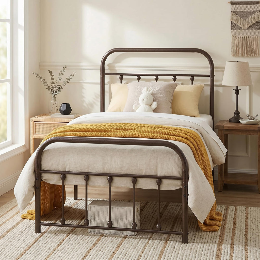 Twin Size Victorian Style Metal Bed Frame with Headboard Classic Metal Platform Bed Frame Mattress Foundation with