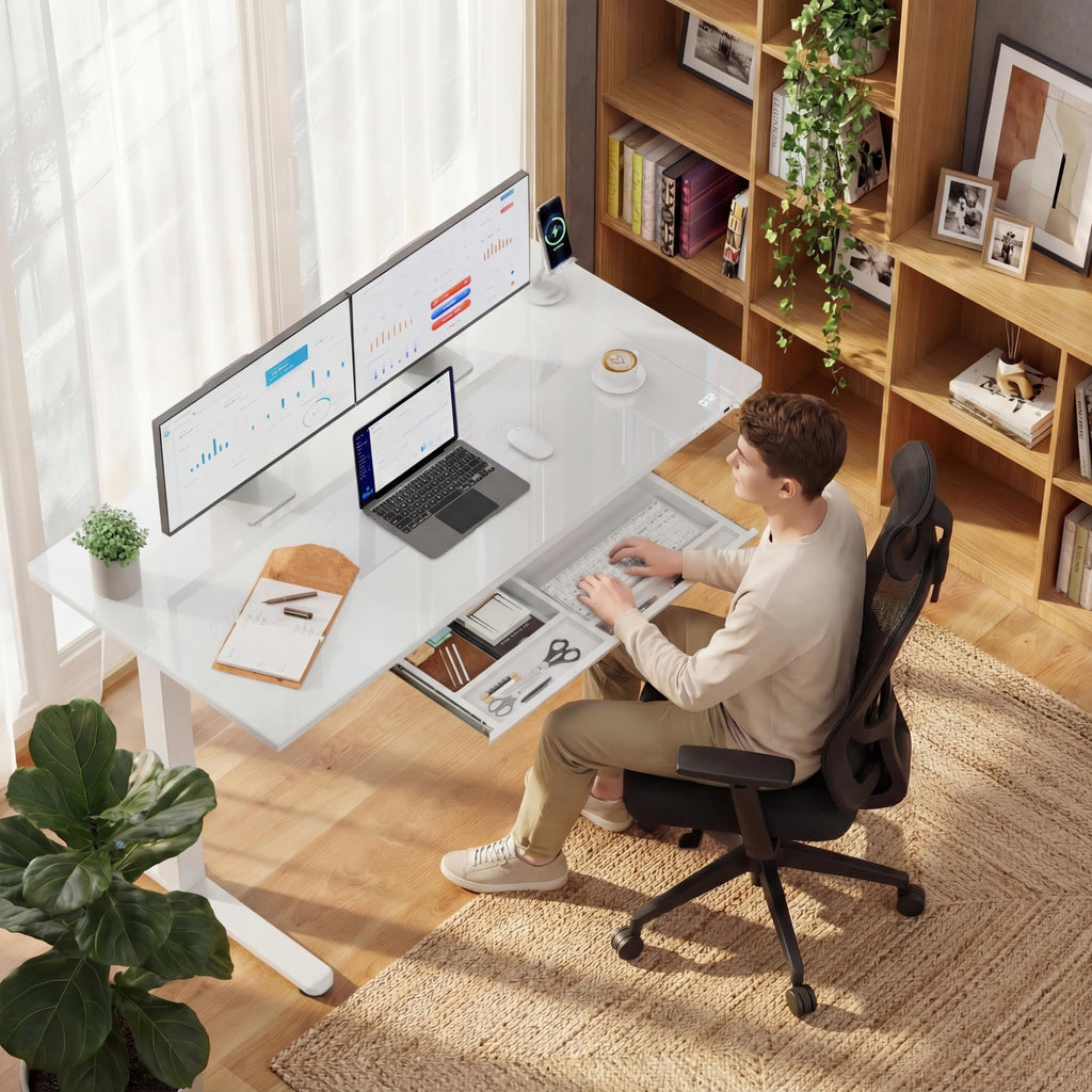 Glass Standing Desk with Drawers, Electric Adjustable Home Office Sit Stand Desk with One-Piece Desktop & USB