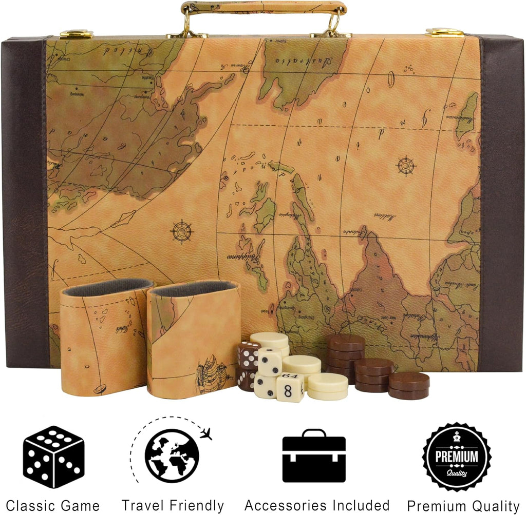 Backgammon, Backgammon Sets for Adults, 15" Leather Travel Backgammon Sets - Classic Board Game (World Map Design)