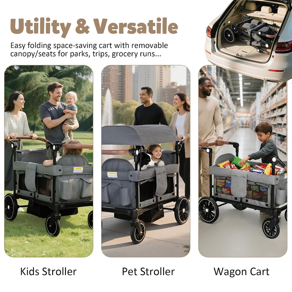 Foldable Wagon Stroller for 2 Kids, Stroller Wagon with Canopy