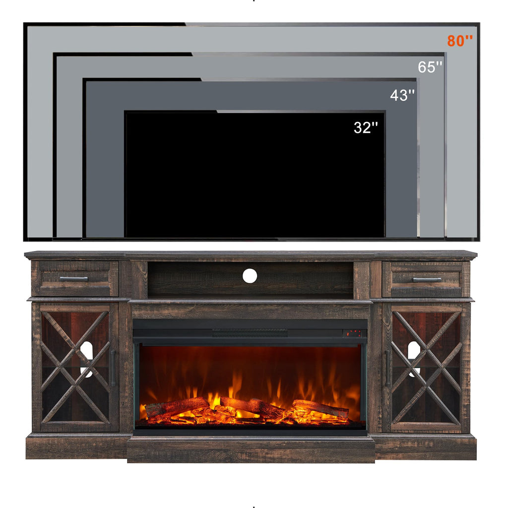 Farmhouse TV Stand with Fireplace, 70'' Entertainment Center Stand with 36" 3-Sided Glass Electric Fireplace for TVs