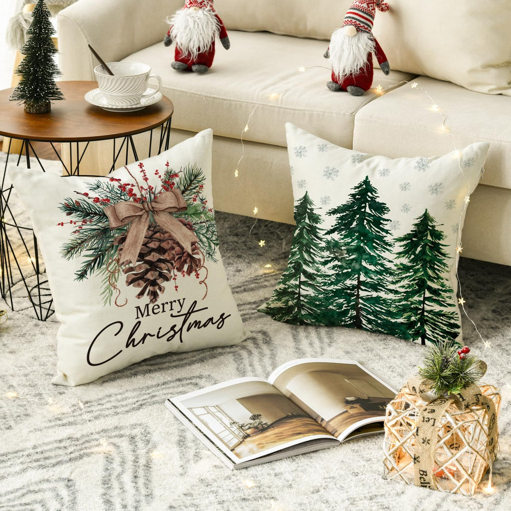 Merry Christmas Trees Reindeer Snowflake Throw Pillow Covers, 18 x 18 Inch Xmas Red Berries Hello Winter Holiday - Set of 4