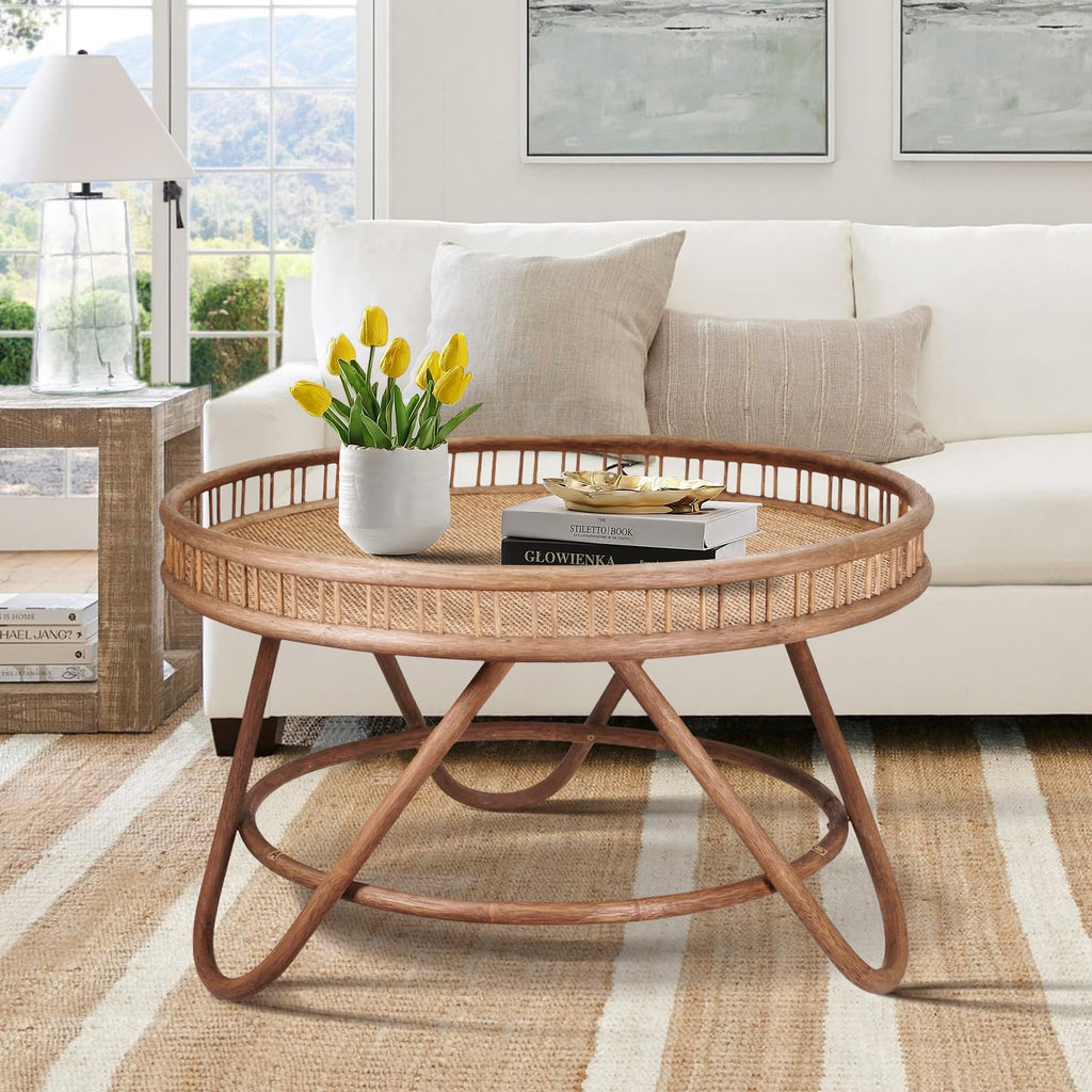 Boho Rattan Coffee Table Round, Handwoven Modern Style Round Wicker Coffee Table, 32x18 '' Brown