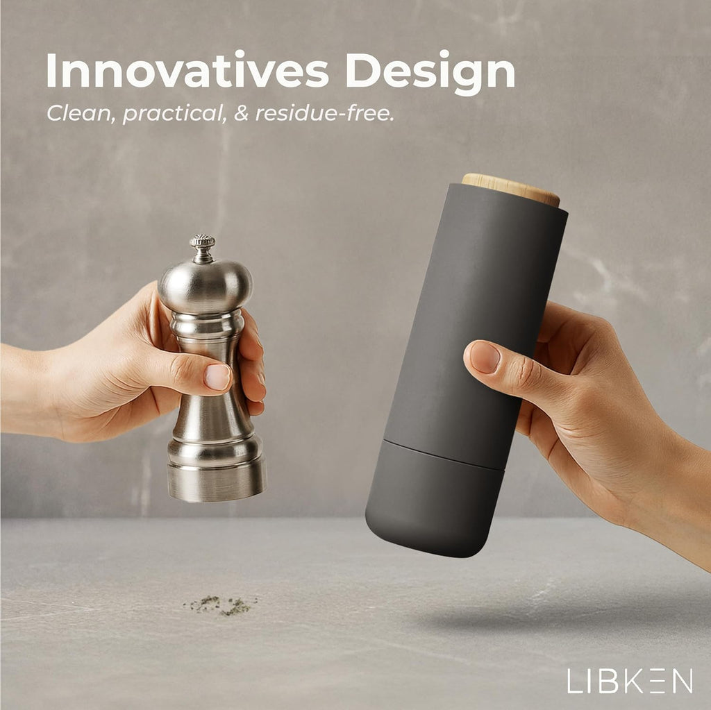 Non-Spill Salt and Pepper Grinder Set - Adjustable Ceramic Grinder - Minimalistic Spice Mill - Easy to Refill - Set of 2
