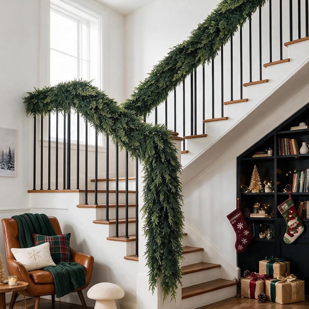12FT Christmas Cedar Garland, Realistic Artificial Pine Greenery Garland with Flexible Wired Branches, Faux Holiday