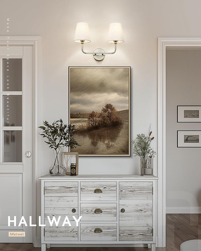 2-Light Brushed Nickel Bathroom Vanity Light, White Fabric Shades | 17" double wall sconce, upward only, E26 base