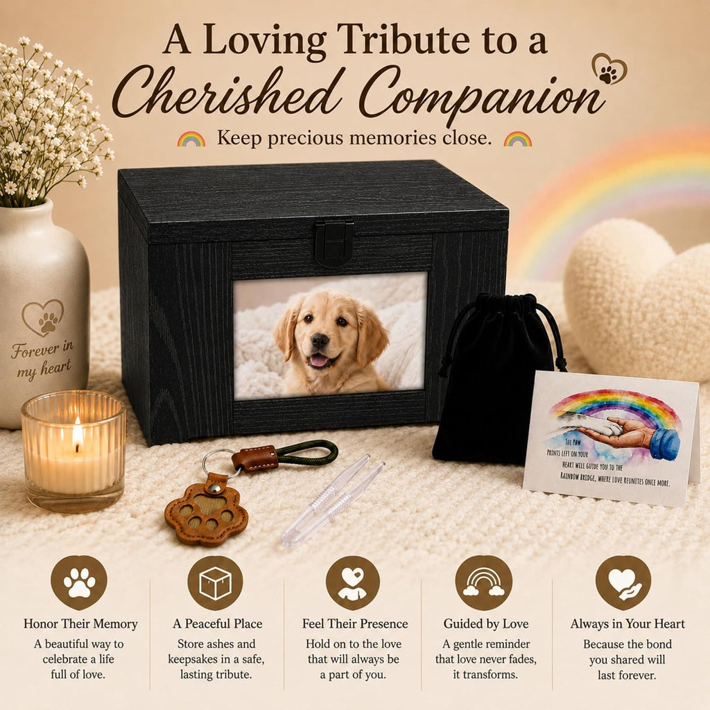 Dog Urn for Ashes - Wood Pet Cremation Box with Photo Frame, Cat Dog