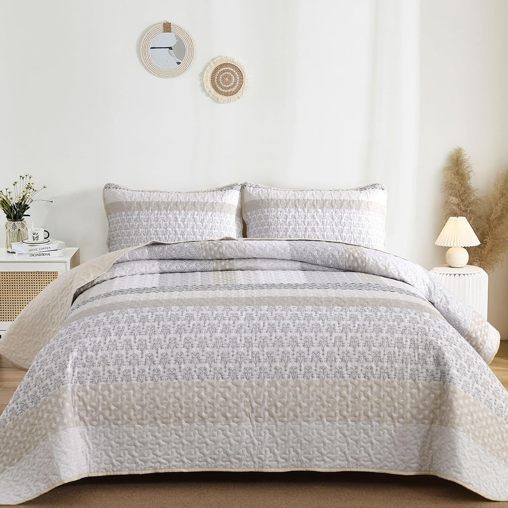 Beige Quilt Queen, Bohemian Stripe Quilt Sets 3 Pieces Beige Boho Quilted Bedspread Set Lightweight Microfiber