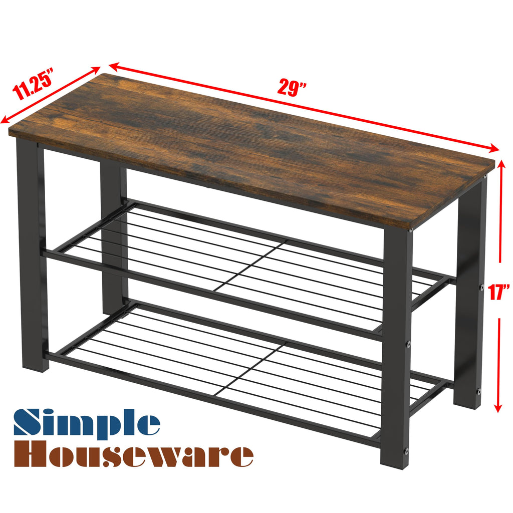 Wooden Top Shoe Rack Bench, Rustic Brown