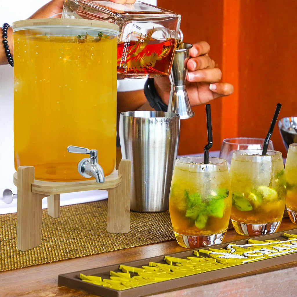 Glass Drink Dispenser with Stand,2.1 Gallons Wood Stand Cold Beverage Dispensers-Large Drink Dispensers