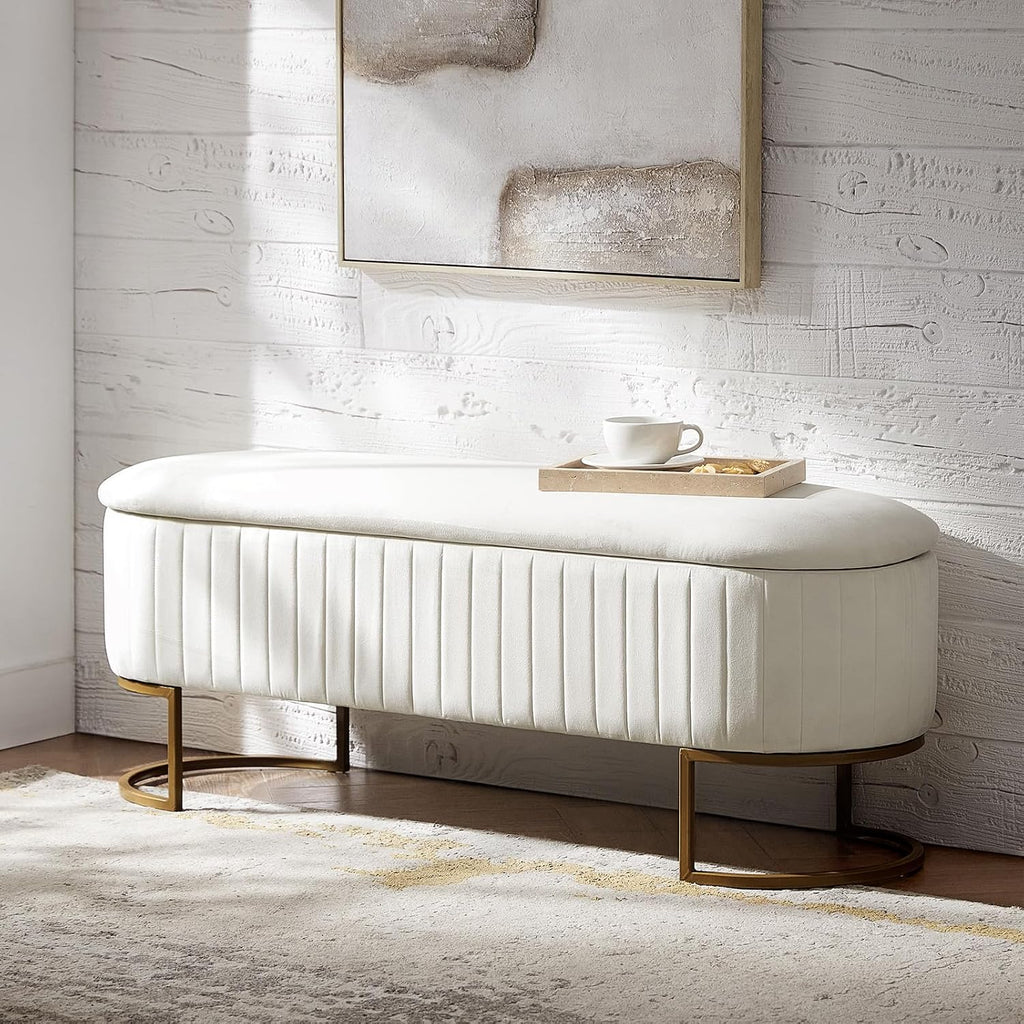 50.5" Velvet Storage Bench with Gold Legs, Modern End of Bed Bedroom Benches, Upholstered Flip Top Window Ottoman
