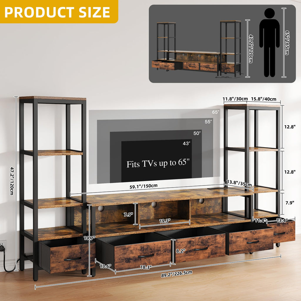 Industrial LED TV Stand for 65 Inch TVs, Bookshelves, Rustic Brown