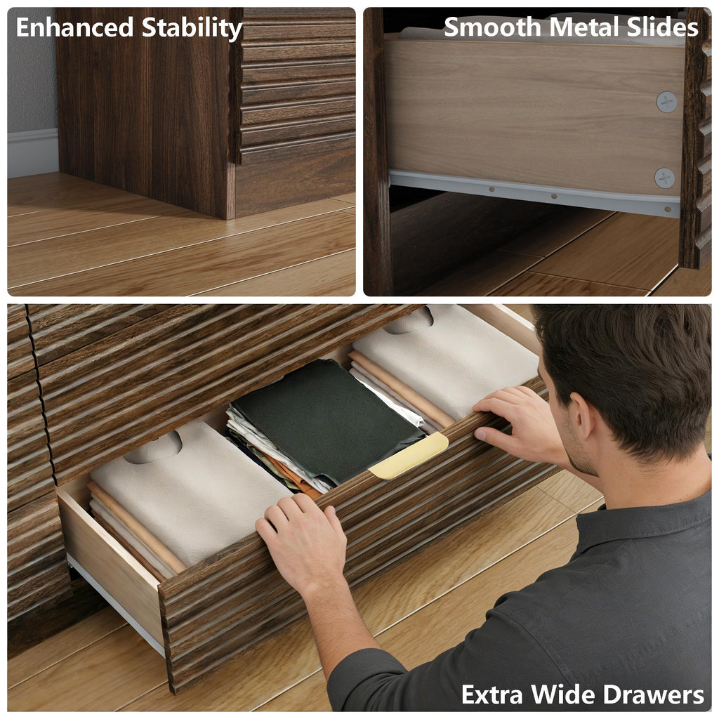 63'' Wide Fluted 9 Drawers Dresser with 3 Cubbies, LED Dressers & Chests of Drawers with Power Outlet, Modern Fluted