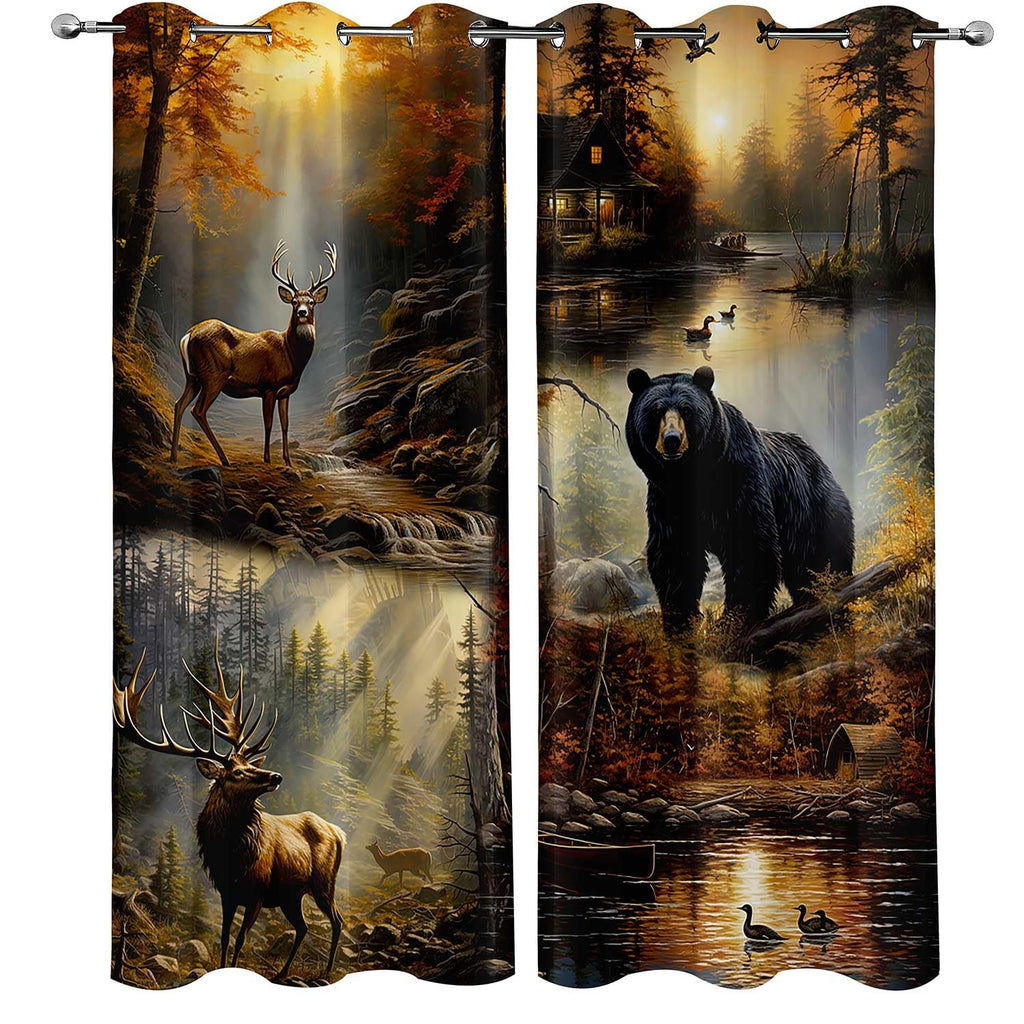 Rustic Cabin Blackout Curtains, Deer Moose Black Bear Curtains, Forest Animal Wildlife Mallard Duck Country