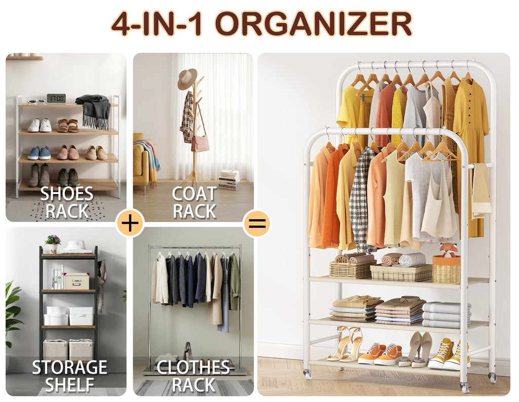 Clothes Rack, Double Rods Clothing Rack with 3 Tier Shelve&Wheels