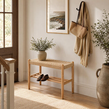 Solid Wood Shoe Bench, Woven Entryway Bench for Small Spaces
