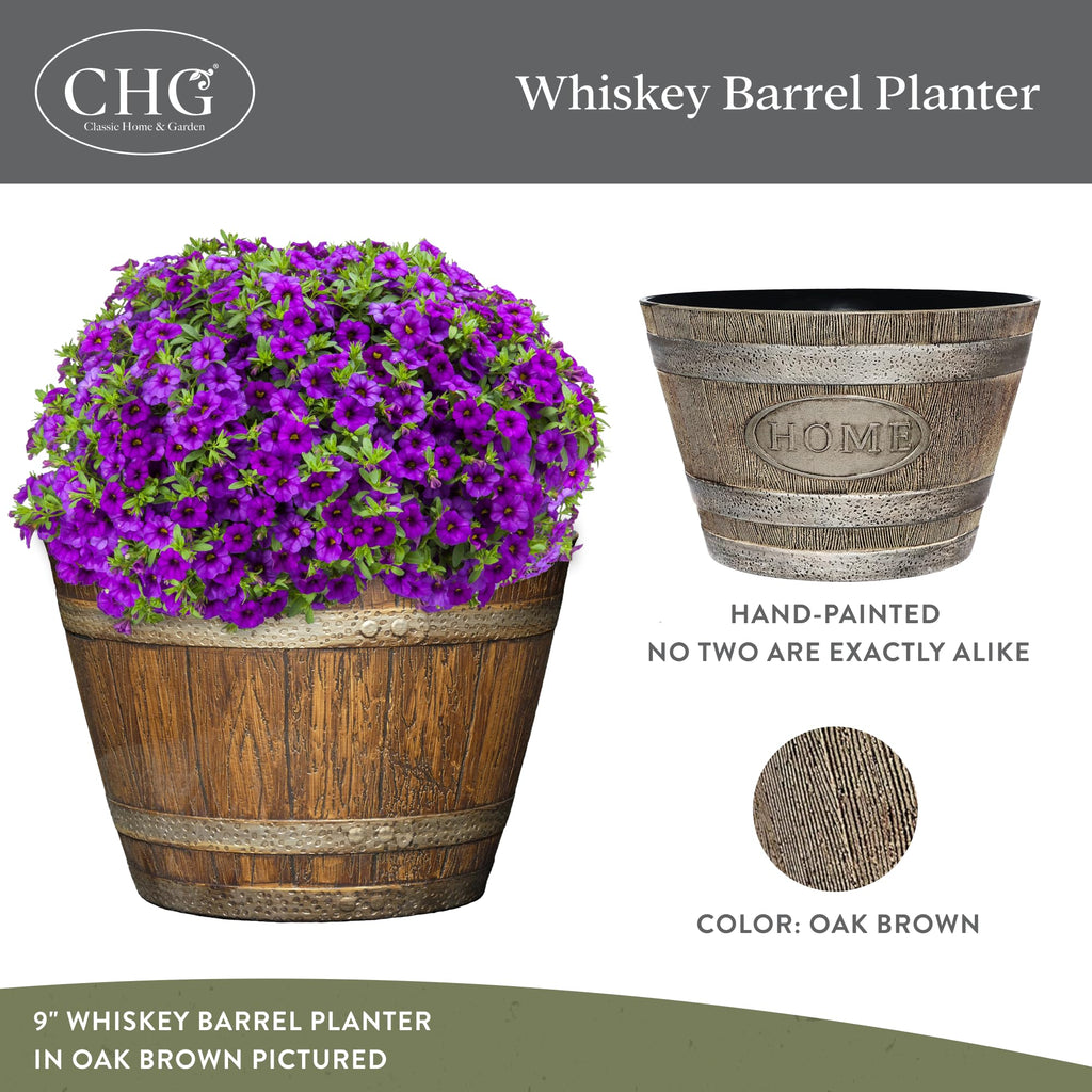 Whiskey Barrel Planters, Home Flower Garden Pots, 15" Oak Brown