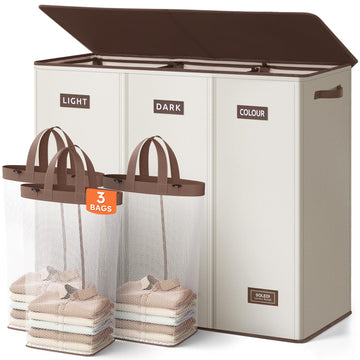 200L 3-Section Laundry Hamper with Lid, Extra Large Dirty Clothes Basket with Sturdy Handles for Laundry Room &
