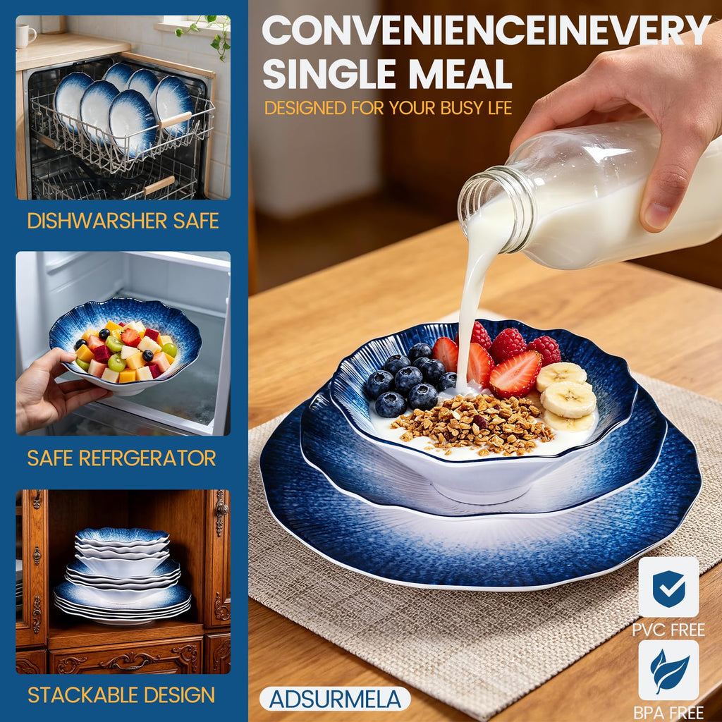 Blue Melamine Dinnerware Sets,12 Piece Service 4,coastal-style dining