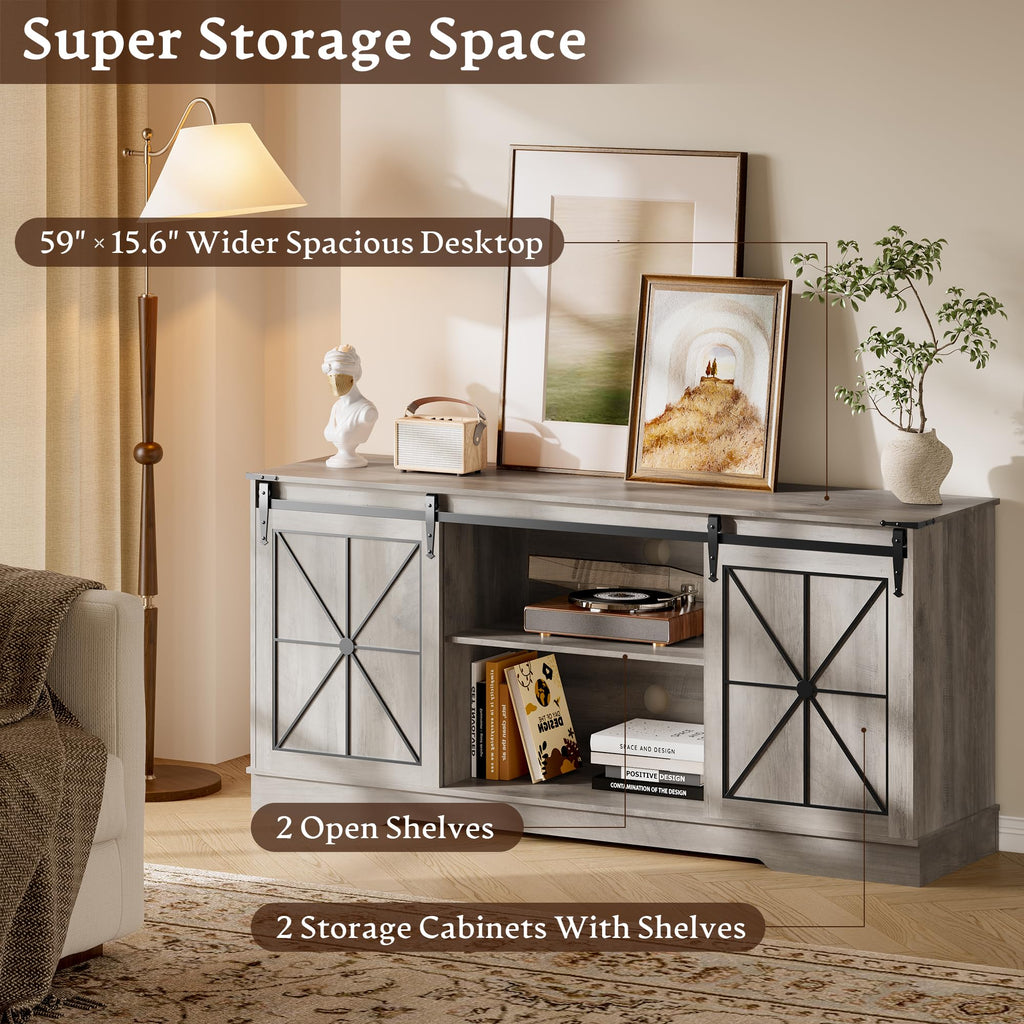 Farmhouse TV Stand for 65 Inch TV with Sliding Barn Doors Wood Gray
