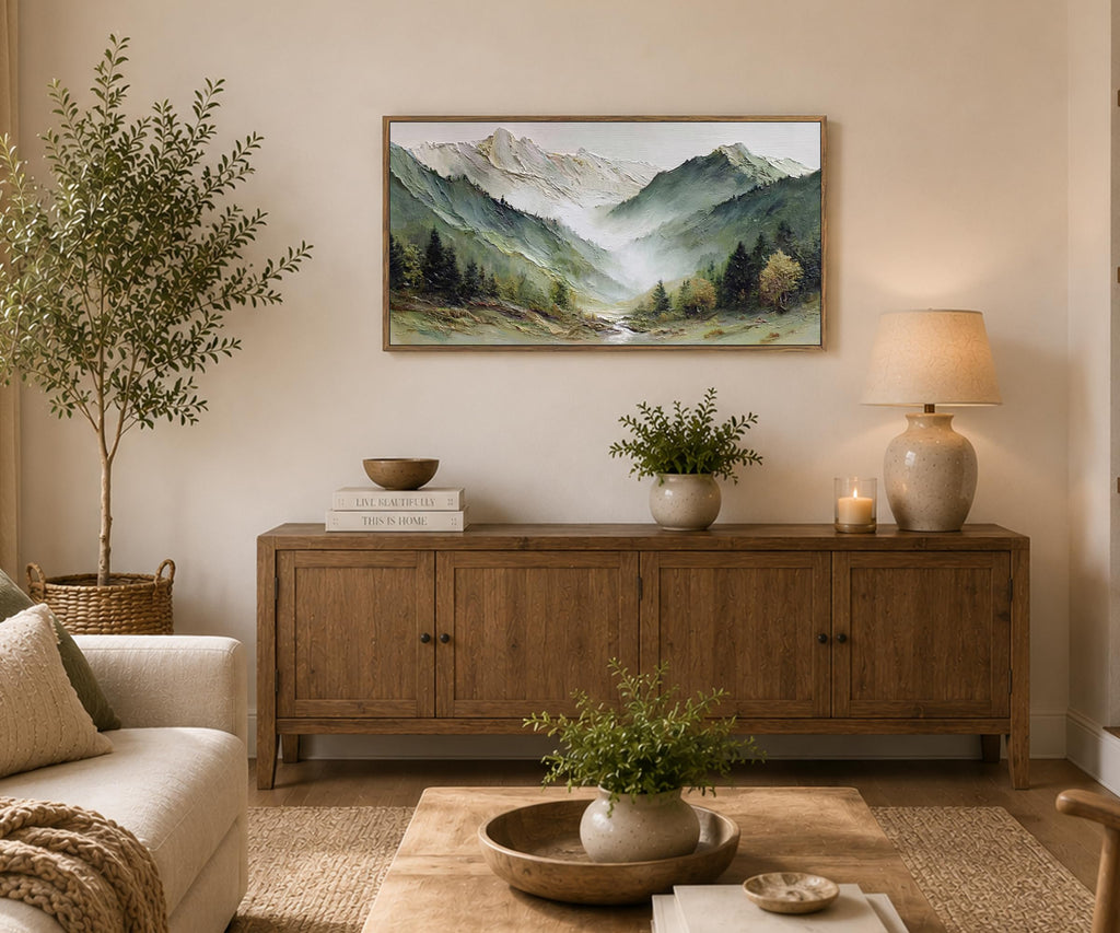 Large Framed Mountain Landscape Wall Art with Wooden Frame, Misty Forest Valley Nature Canvas Painting, Rustic Nature