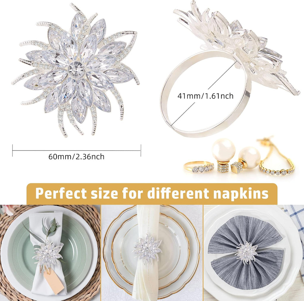 Christmas Flower Napkin Rings, Silver Lotus Elegant Rhinestone Napkin Ring Serviette Buckles Holder - Set of 8