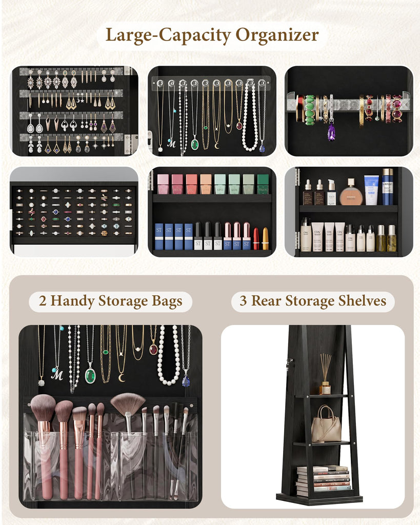 360° Swivel Jewelry Cabinet with Full-Length Mirror, Lockable, Black