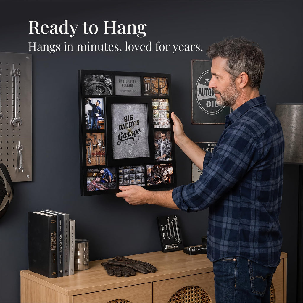 Picture Frame Collage Clock - 10 Photo Display Slots - Big Daddy's Garage Wall Mounted Modern Wall Decor - Wall Clock