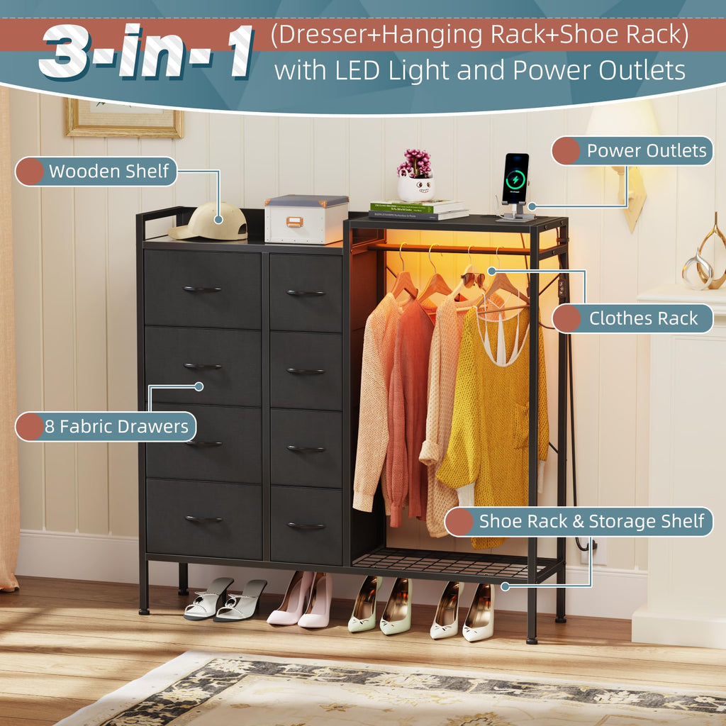 8-Drawer Dresser with Hanging Rack, Black, 11.8" D