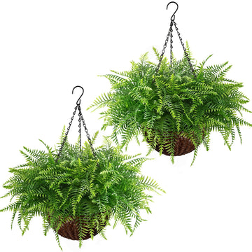 2 Pack Fake Hanging Fern Plants Outdoor - Green