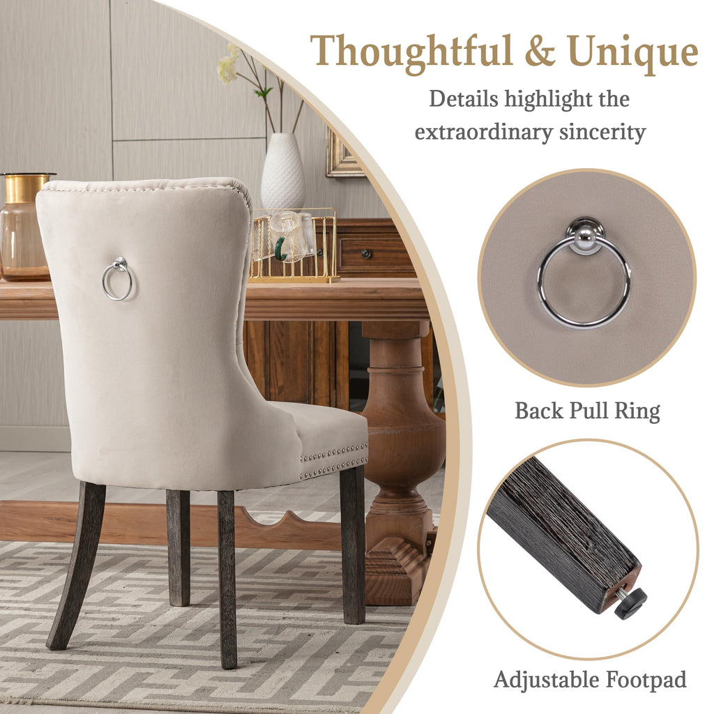 Beige Velvet Dining Chairs Set of 4, Elegant Tufted & Nailhead, Wood Legs