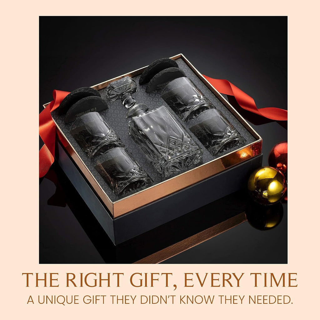 Ry Whiskey Decanter Gift Set - 25oz Crystal Decanter, 4 Old-Fashioned Glasses, 4 Slate Coasters with Diamond Pattern - Set of 9