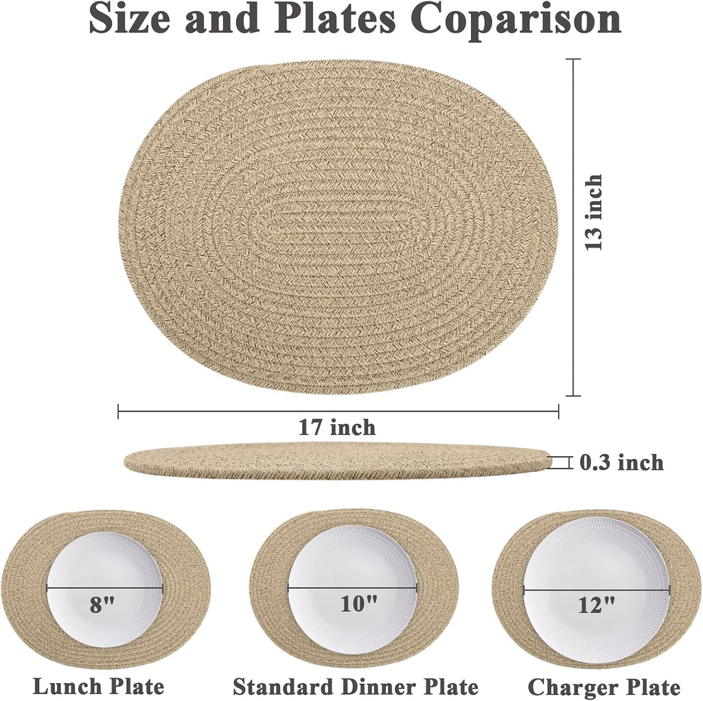 Oval Woven Placemats Set of 6, Boho Cotton Rope Braided Table Mats, 17x13 Inches Non Slip Heat Resistant Place Mats