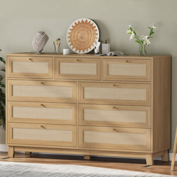 Rattan Dresser with 9 Drawer, Modern Wooden Long Bedroom Dresser, Chest of Drawers with Metal Handle & Solid Wood