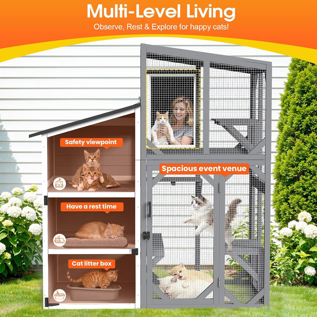 69"H Catio 3 Tiers Large Cat Enclosures House for Outdoor Indoor Use, Feral Cats Shelter with Window Access