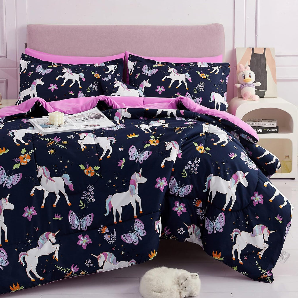 Kids Comforter Bed Set Twin for Girls, 6 Pieces Bed in a Bag with Shams, Sheet Set, Pink Unicorn Twin Soft Microfiber