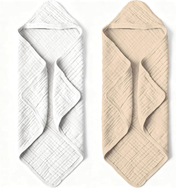 Organic Muslin Hooded Baby Bath Towels - 2 Pack 100% Organic Cotton Towel for Babies, Infants, Toddlers - 32x32Inch