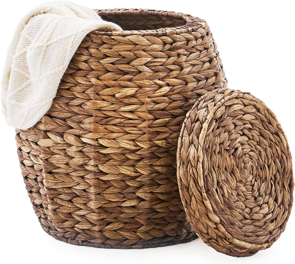 Round Wicker Basket with Lid, Handwoven Water Hyacinth Storage Basket, Blanket Organizer Basket for Laundry