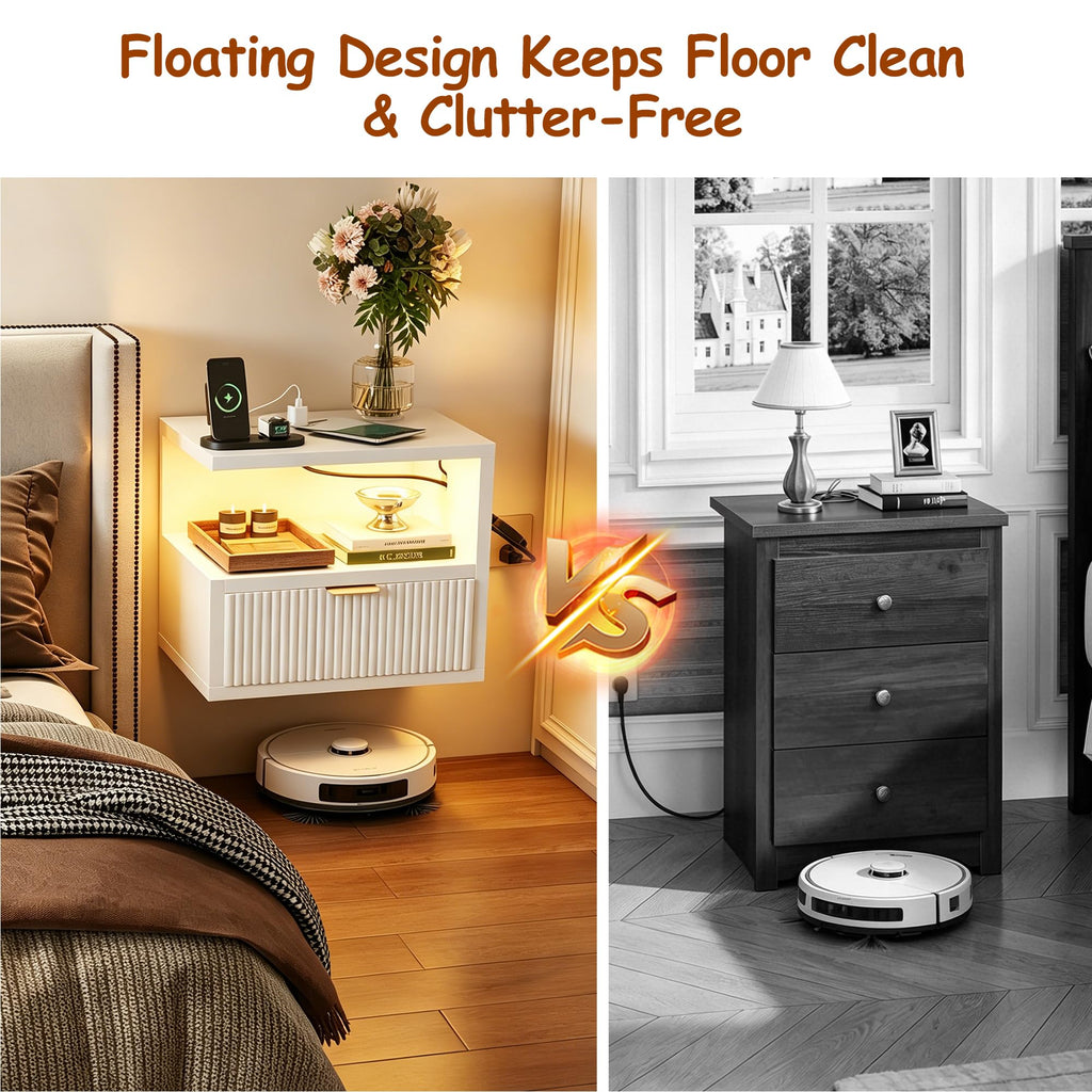 Floating Nightstand with Charging Station, LED Lights and Drawer