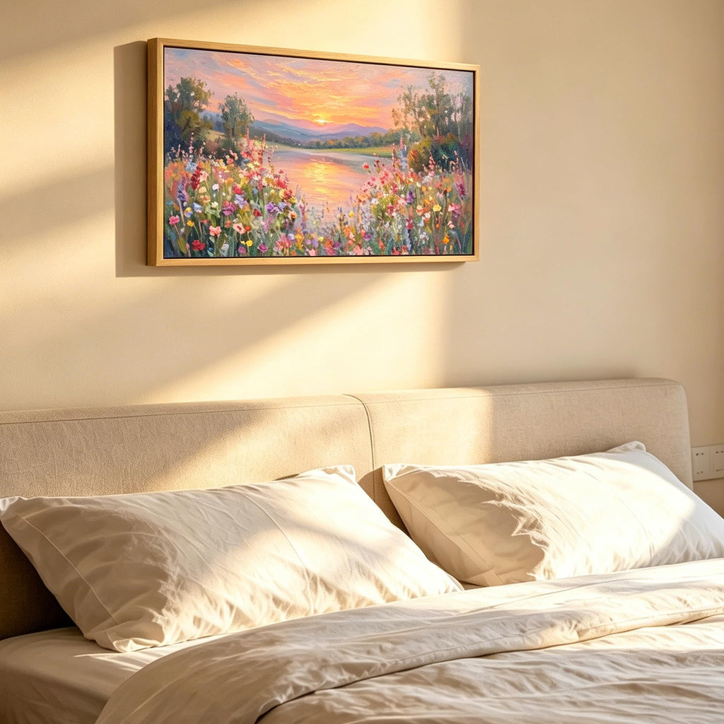 Large Floral Landscape Wall Art Wildflower Meadow Lake Sunset Painting Picture Colorful Botanical Flower Nature