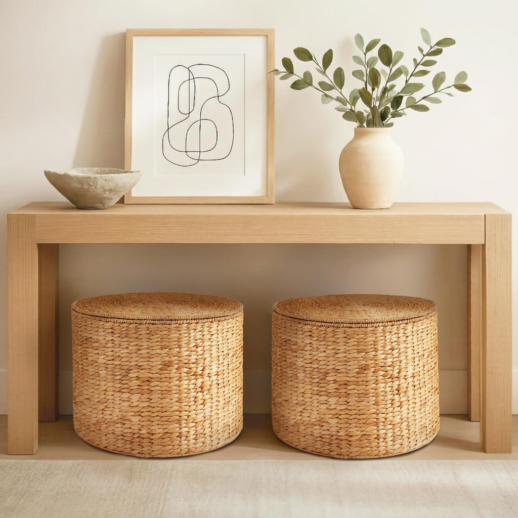 Large Round Storage Ottoman W/Lid, Handwoven Water Hyacinth Footstool, Accent Stool, Side Table, Storage Container