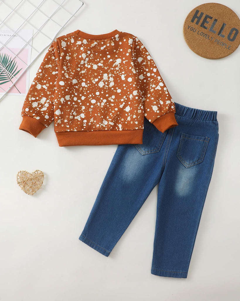 Toddler Girl Clothes Little Girl Fall Outfit Crewneck Sweatshirt Brown Long Sleeve Hoodie Straight Leg Denim Pants