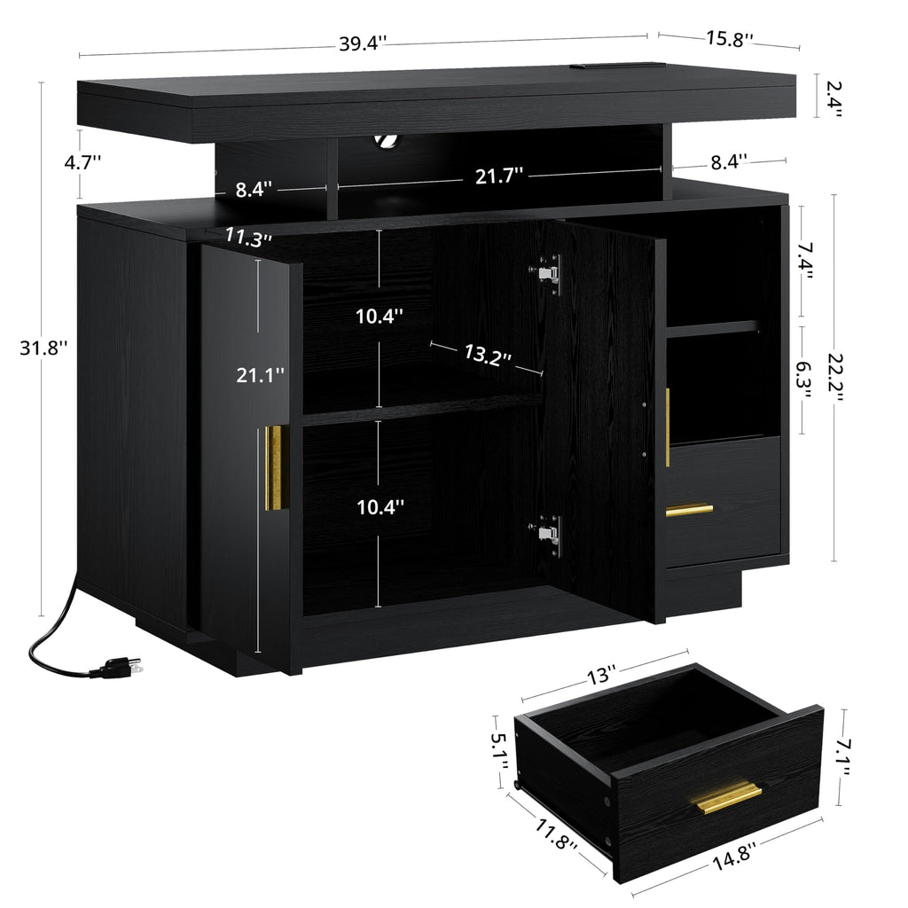 Coffee Bar Cabinet, Buffet Cabinet with Storage and Outlet, Black