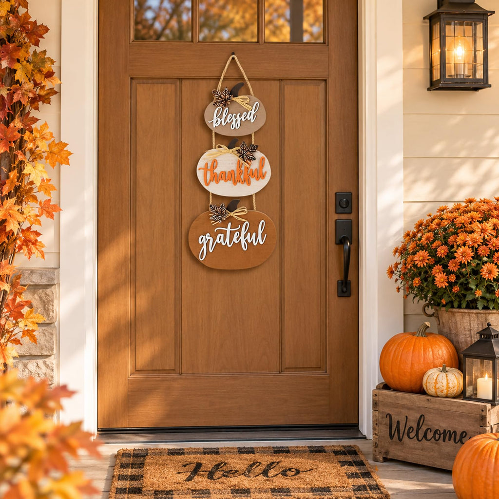 Fall Decorations Pumpkin Wall Signs Wooden Blessed Thankful Decor