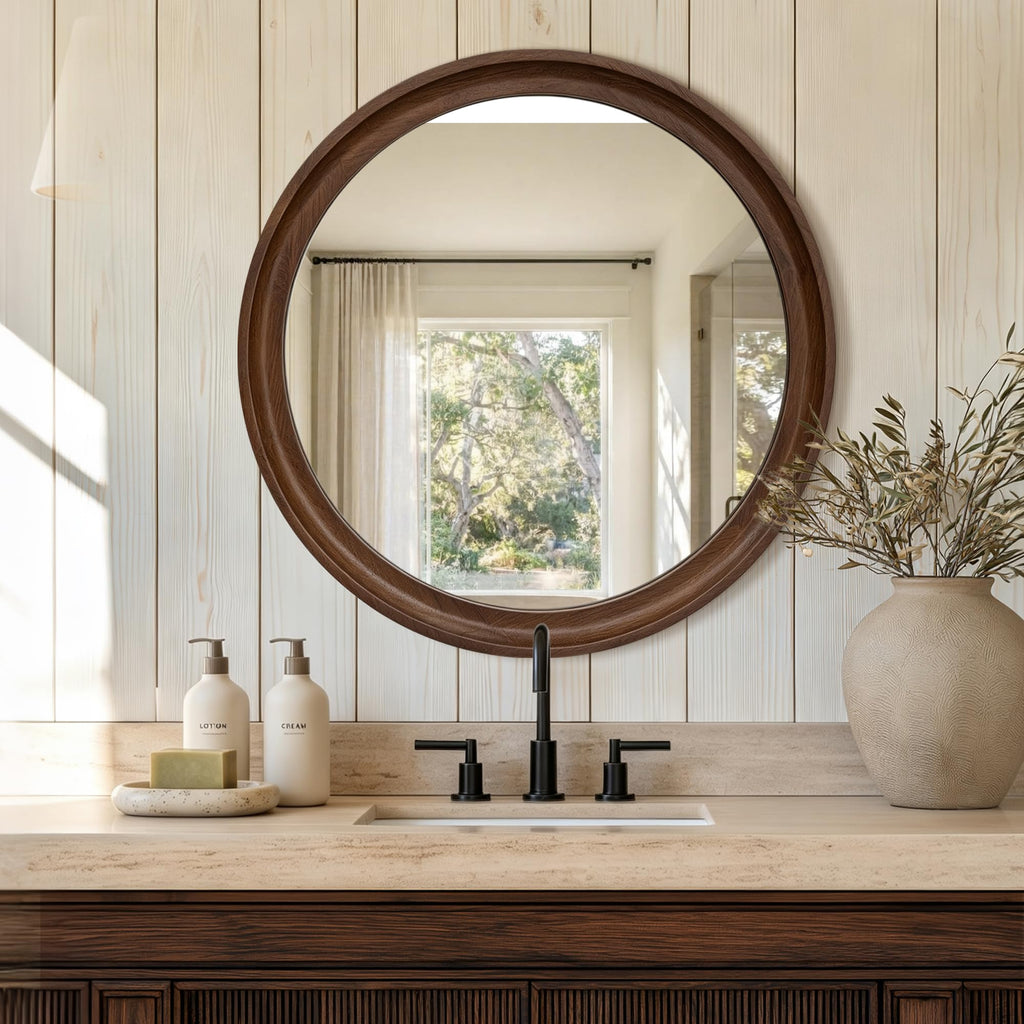 Round Wood Mirror, 26" Circle Mirror with Wooden Frame, Walnut Brown