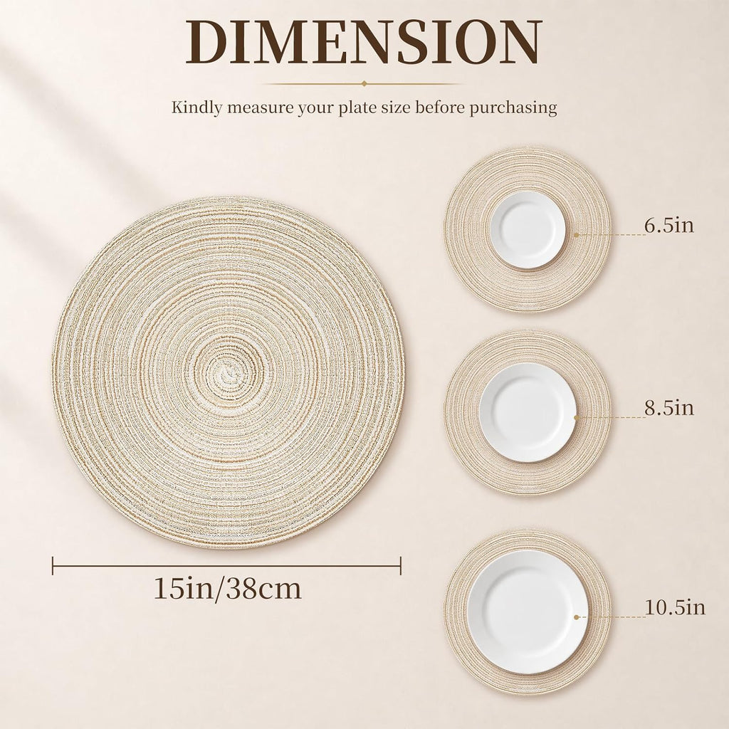 Round Placemats, 15 in Washable Woven Placemats Heat Resistant Cotton Polyester Braided Table Mat, Non-Slip - Set of 4